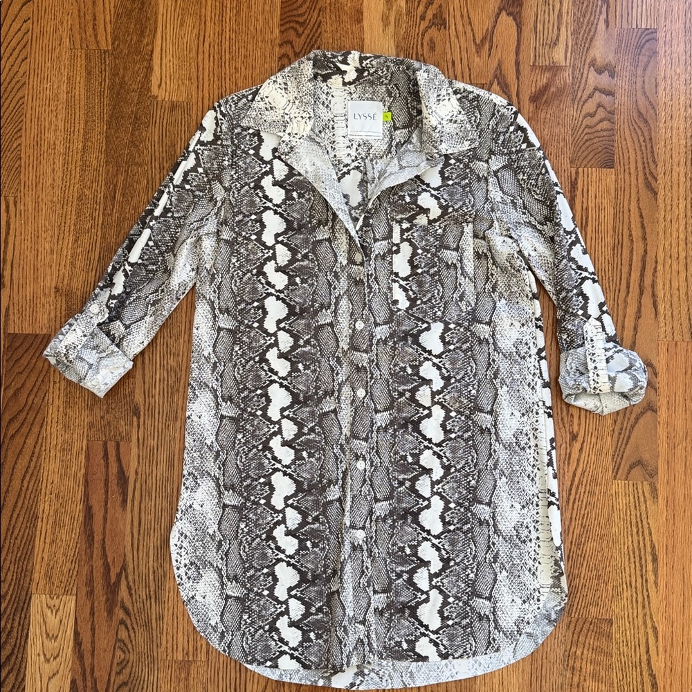 Lyssé | Snakeskin Button Down Tunic Top | Brown & White Animal Print | Small